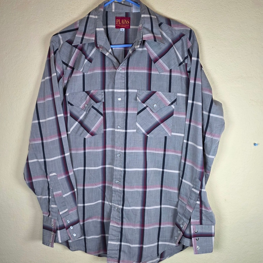 Plains Western Wear Mens Medium Grey Plaid Long Sleeve Pearl Snap Shirt Yoke
